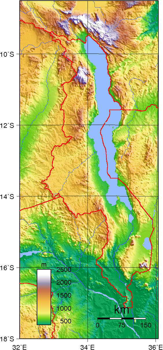 Malawi, Topographie, Relief, Landkarte